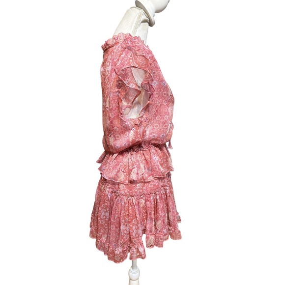 Misa Los Angeles Lilian Split-Neck Floral Ruffle Mini Dress Size XS Pink Chiffon - Picture 3 of 5